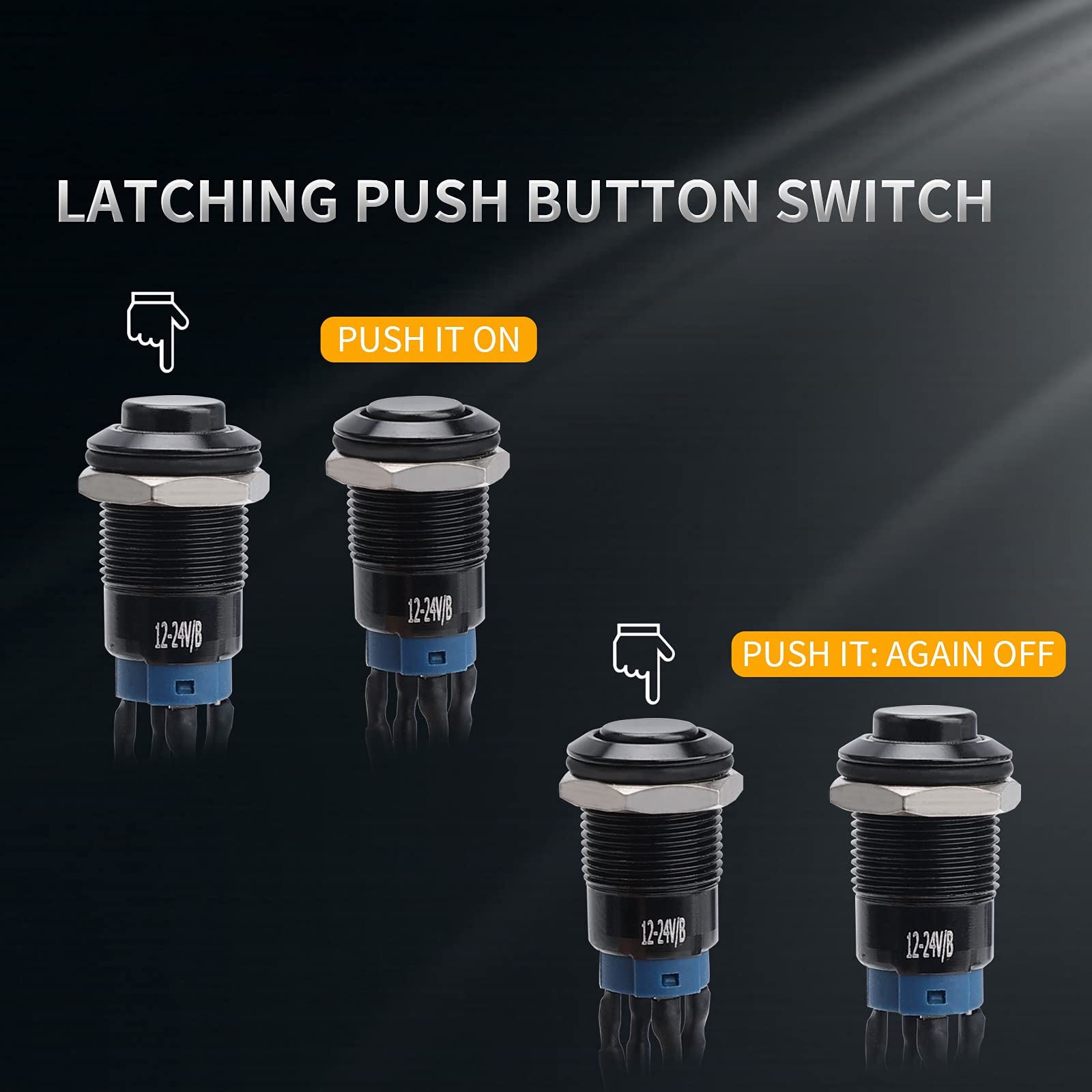 12mm Latching Metal Momentary Switch Black Shell IP65 Waterproof Push Button Switch,1NO 1 Normally,Self-Locking with LED - Image 5